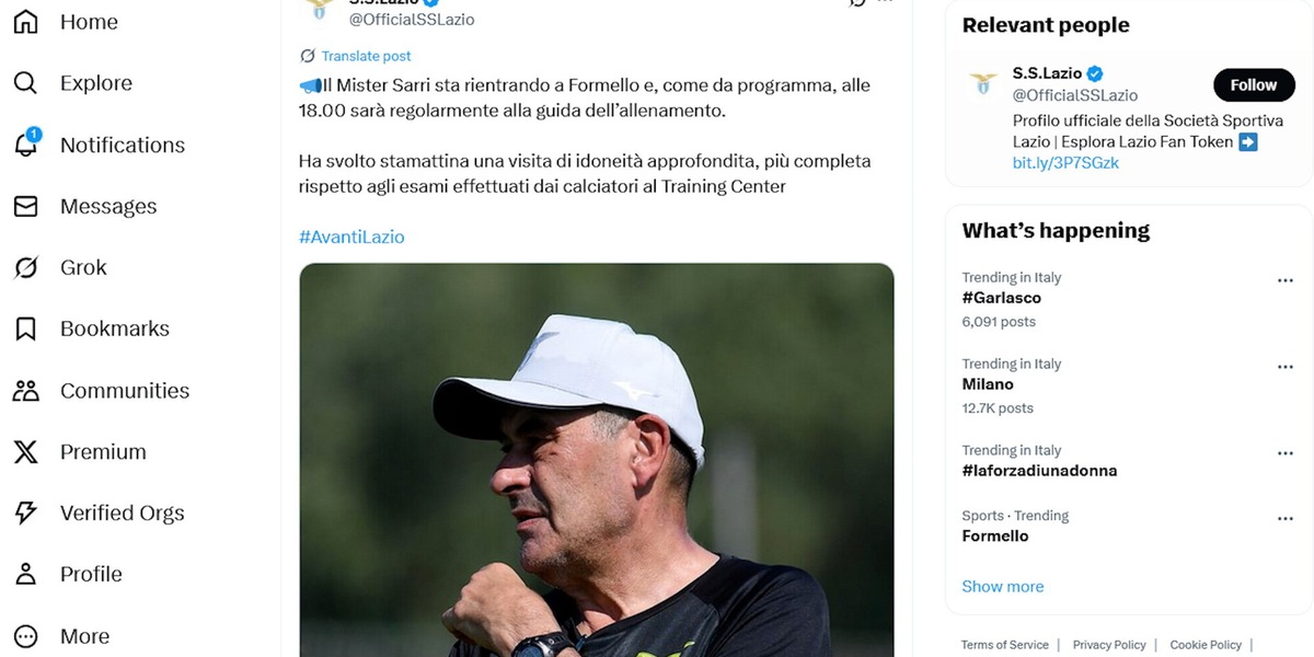 Lazio: Sarri in ospedale per accertamenti approfonditi, ma stasera dirigerà l'allenamento