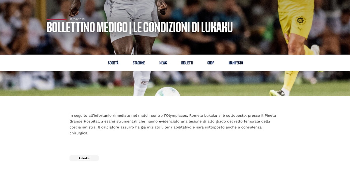 Napoli, tegola Lukaku: lesione di alto grado, lungo stop