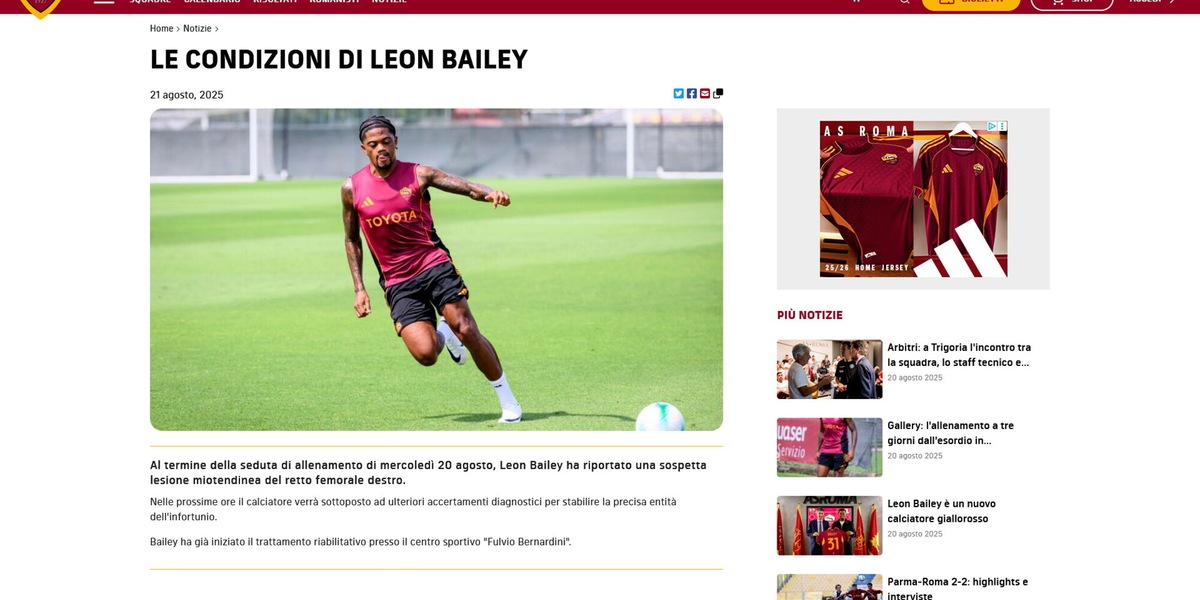 Roma, tegola Bailey: out 1 mese