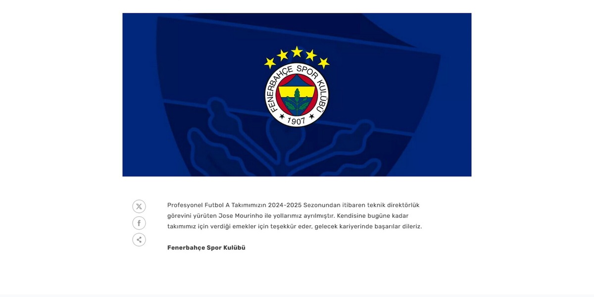Il Fenerbahce si separa da Mourinho: il comunicato ufficiale del club
