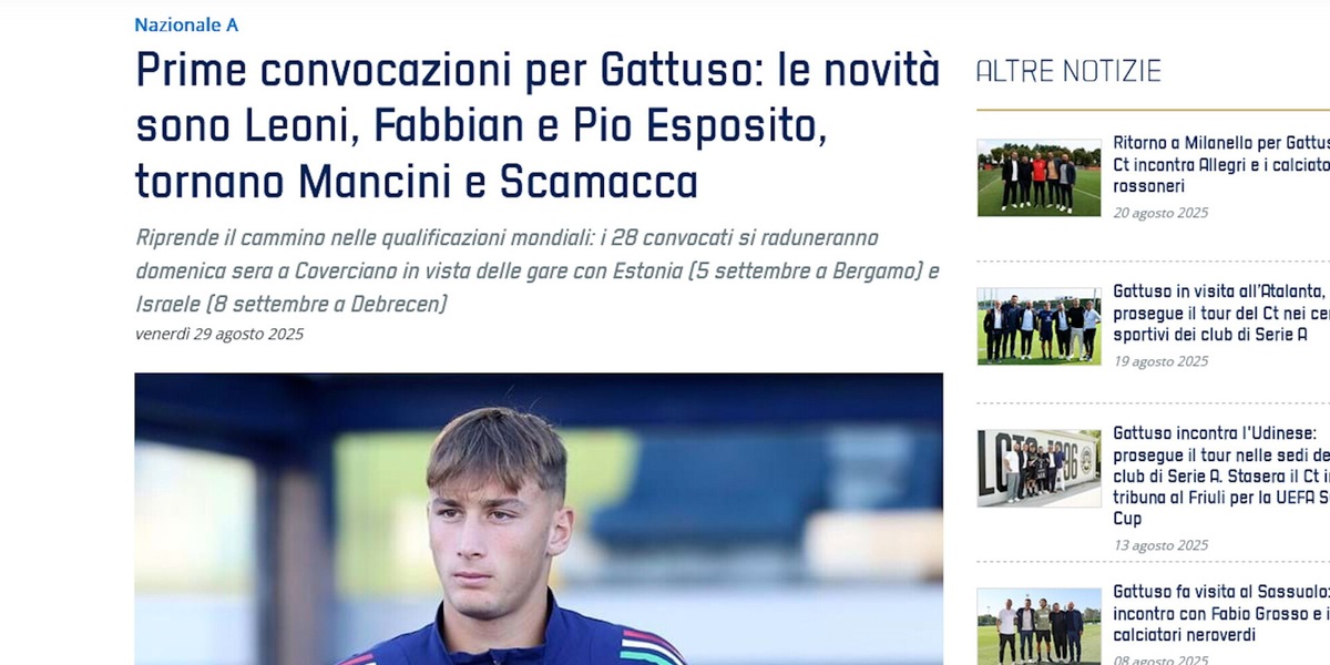 Italia, le convocazioni di Gattuso per Estonia e Israele: novità Leoni, Fabbian e Pio Esposito