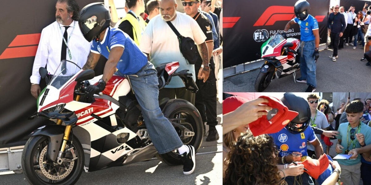 Hamilton, che entrata a Monza: sgomma in Ducati con il casco specchiato!