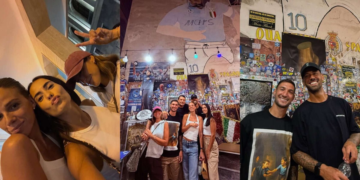 Politano e Spinazzola al murales di Maradona con le mogli