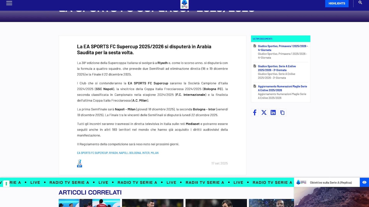 Ufficiale: la Supercoppa Italiana si disputerà a Riad