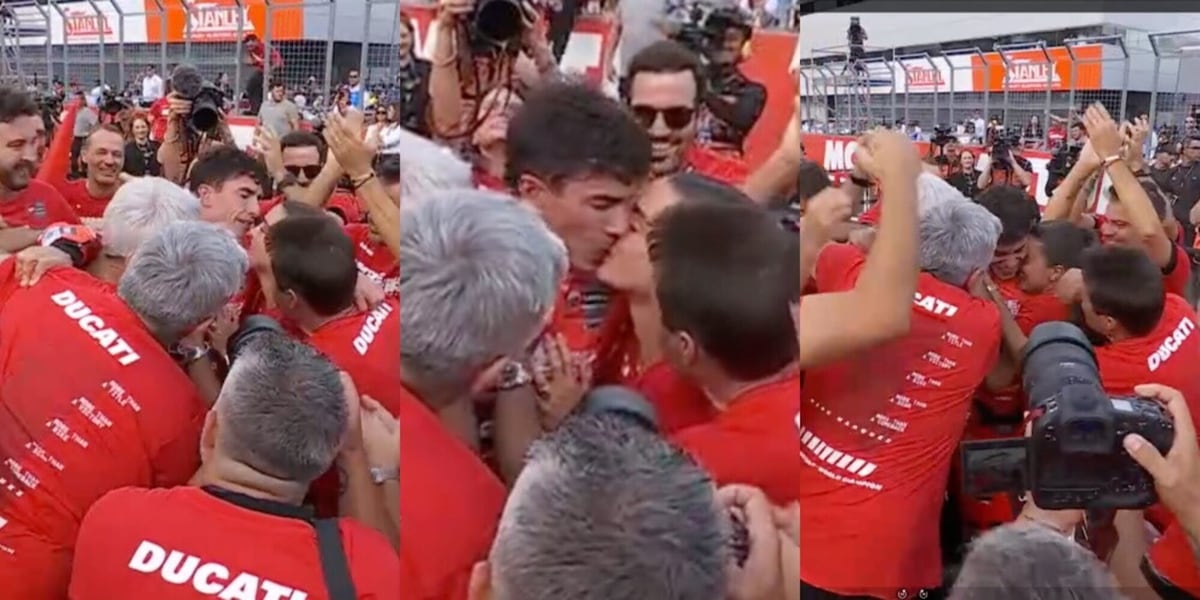 Marc Marquez vince il nono Mondiale MotoGP, il tenero bacio con la sua Gemma Pinto tra i meccanici Ducati