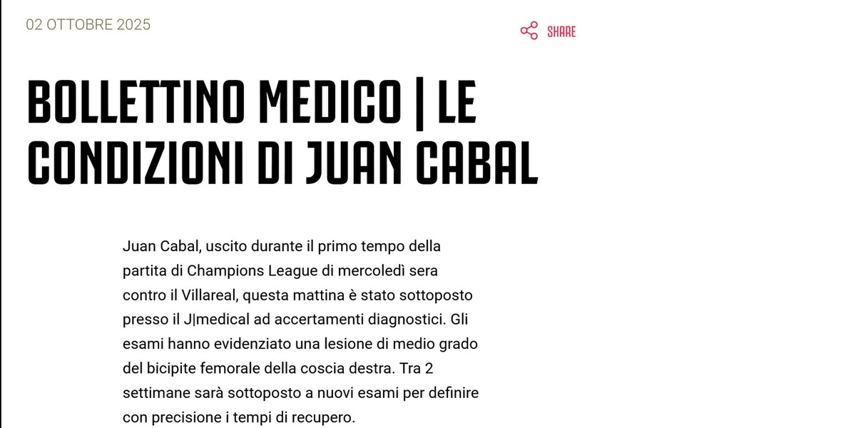 Juventus: lesione al bicipite femorale per Cabal, tempi di recupero da valutare