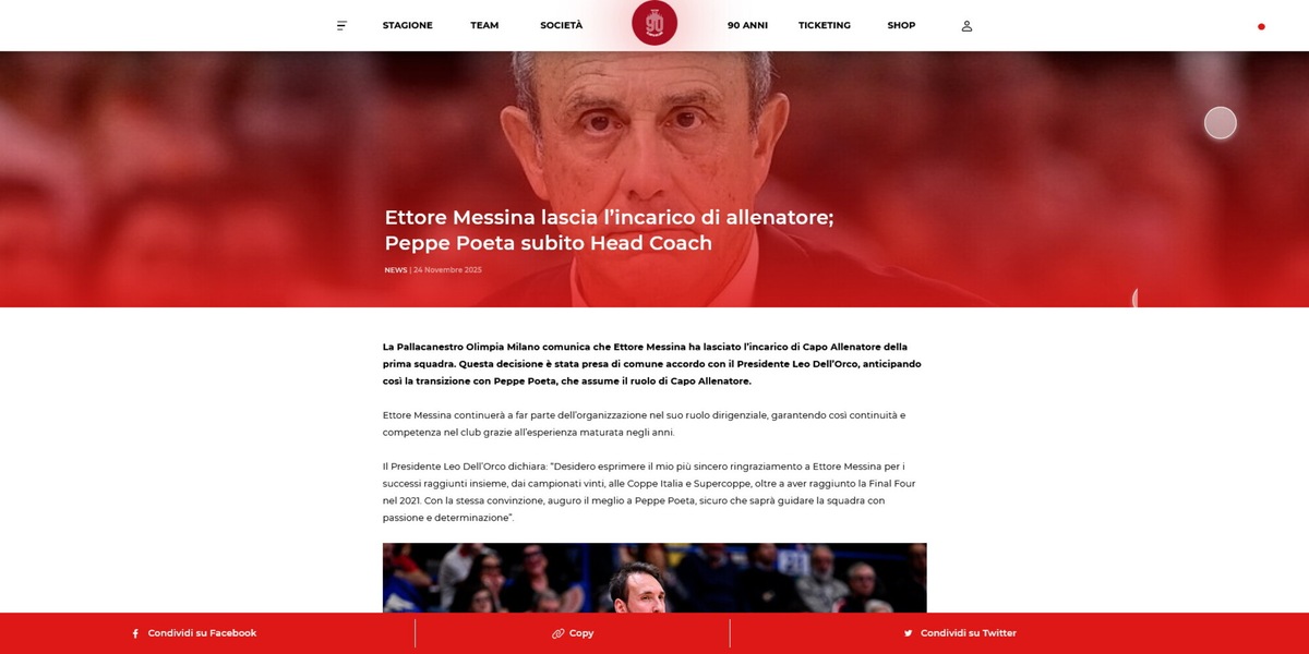 Ufficiale: Ettore Messina lascia l'incarico di allenatore, al suo posto Poeta
