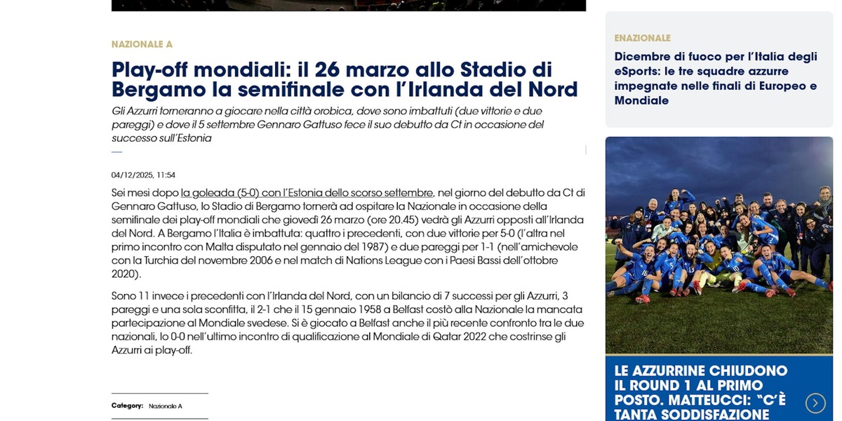 Ufficiale: Playoff Italia Mondiale 2026, con l'Irlanda del Nord a Bergamo