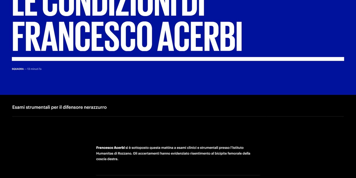 Inter, Acerbi infortunato: "Risentimento al bicipite femorale"