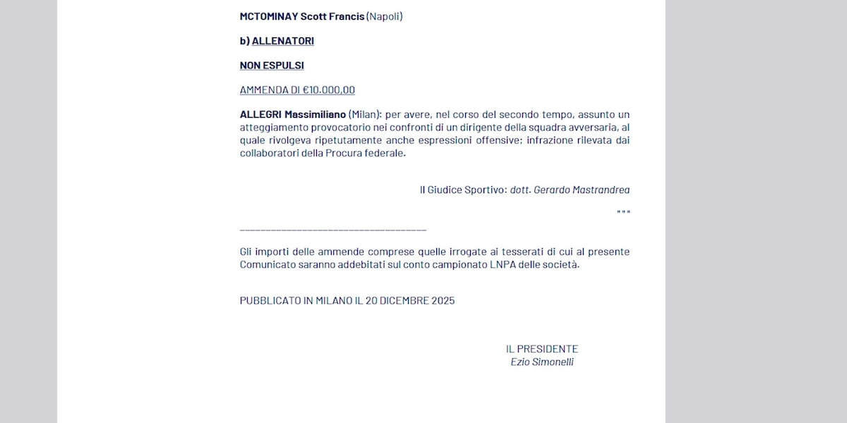 Milan, Allegri multato per le offese a Oriali