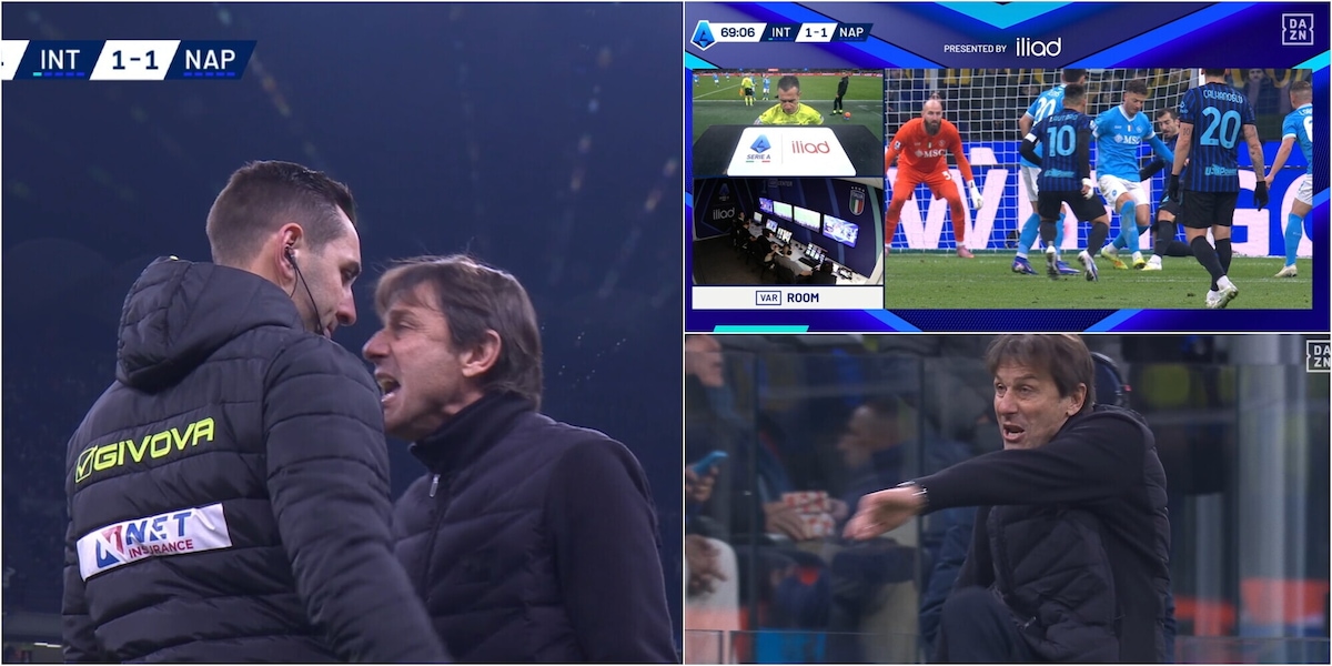 Conte faccia a faccia con il quarto uomo dopo il rigore assegnato all'Inter, Doveri estrae il rosso: la fotosequenza