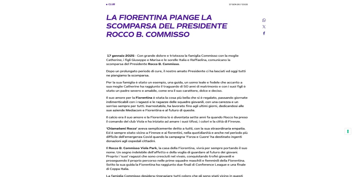 Addio Rocco Commisso, morto il presidente della Fiorentina