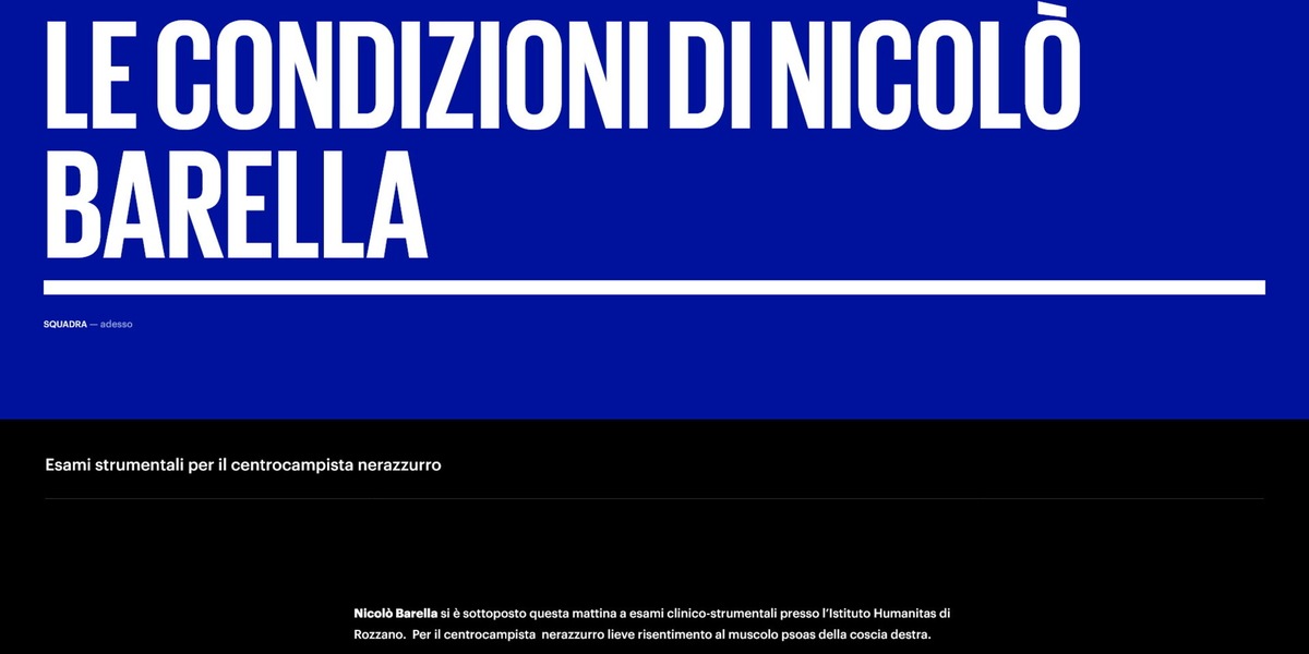 Inter, Barella: lieve risentimento al muscolo psoas della coscia destra
