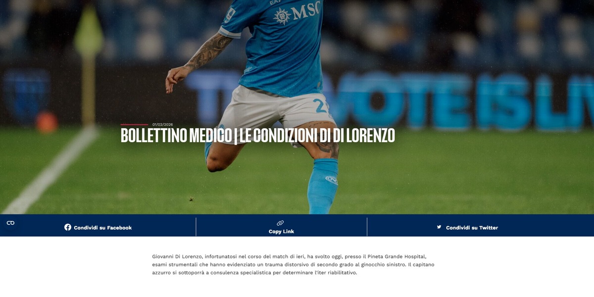 Napoli, Di Lorenzo ko: out tra le 6-8 settimane