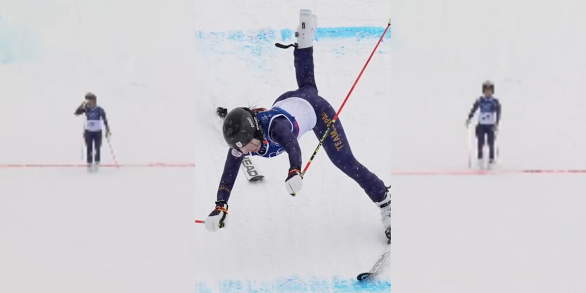 Arrivo tragicomico alle Olimpiadi: cade dagli sci e taglia il traguardo a piedi!
