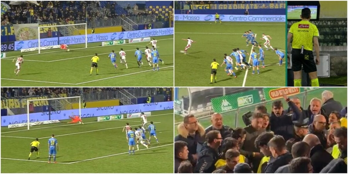Bufera Rocchi a Carrara: contestato in tribuna dopo un rigore fatto ripetere al 94' al Catanzaro