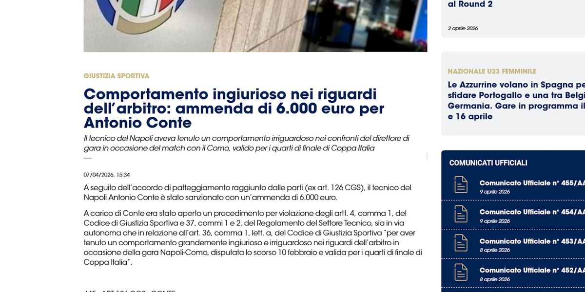 Conte multato dopo quasi due mesi da Napoli-Como
