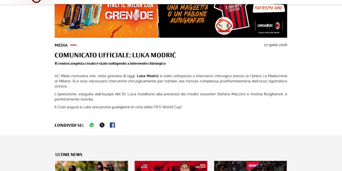 Milan, per Modric stagione finita dopo l'operazione