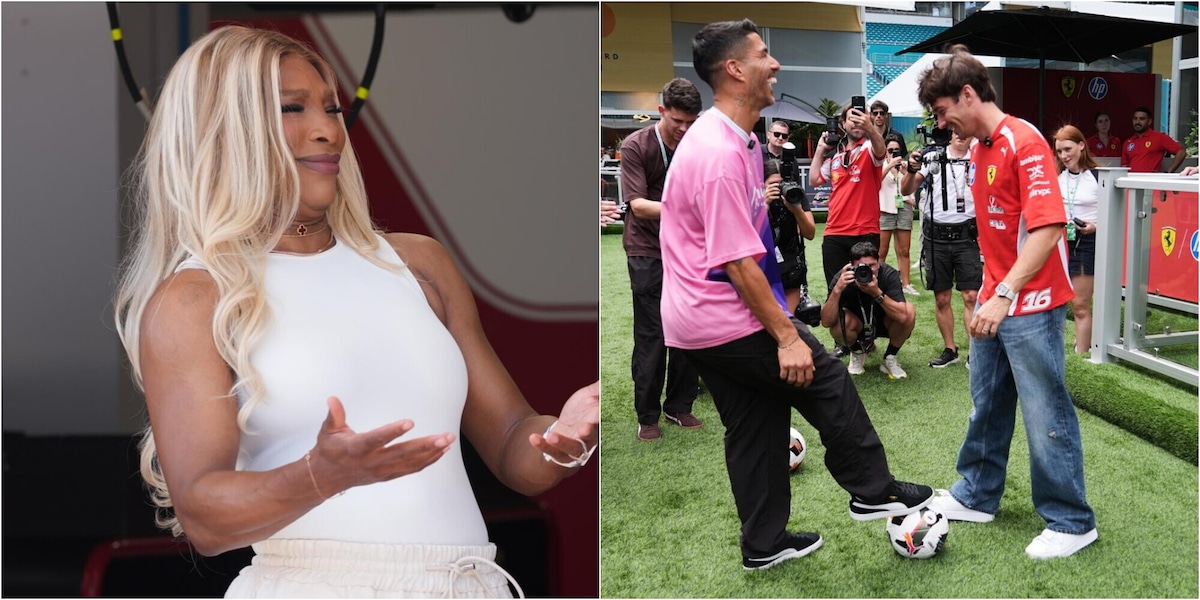 Spettacolo a Miami: Serena Williams nel box Ferrari, Luis Suarez gioca a calcio con Leclerc