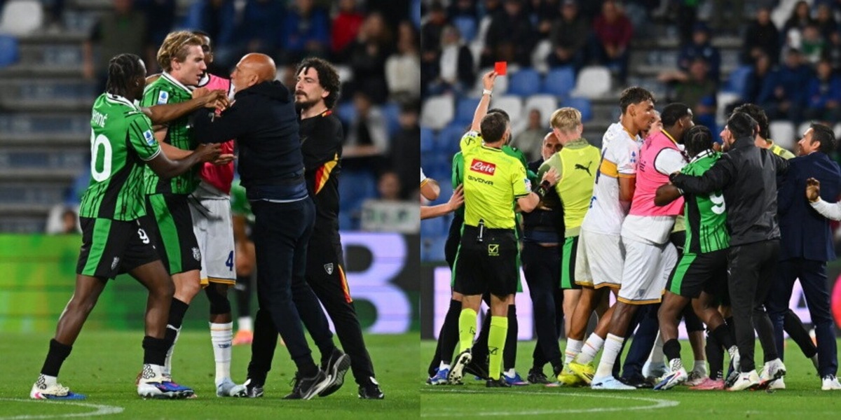 Sassuolo-Lecce, dopo il gol di Stulic scoppia la rissa: faccia a faccia tra Thorstvedt e il vice di Di Francesco