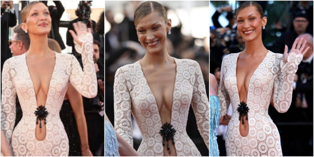 Bella Hadid show, sfila a Cannes con una scollatura vertiginosa