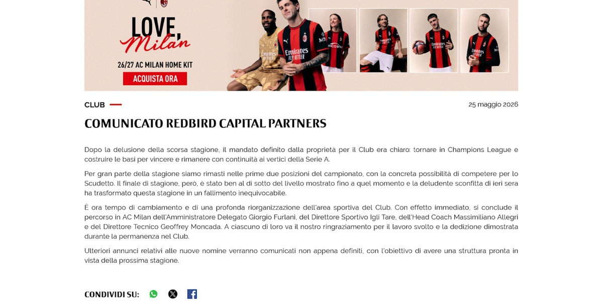 Ufficiale, Milan: addio ad Allegri, Tare, Moncada e Furlani
