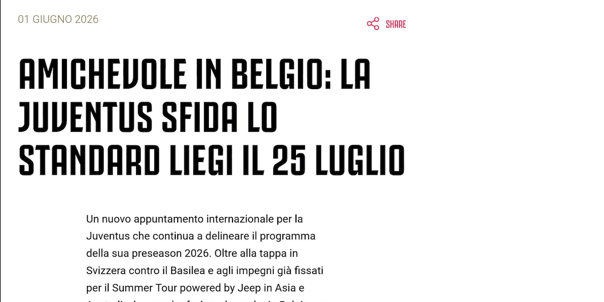 Amichevole in Belgio per la Juventus: il 25 luglio sfida allo Standard Liegi