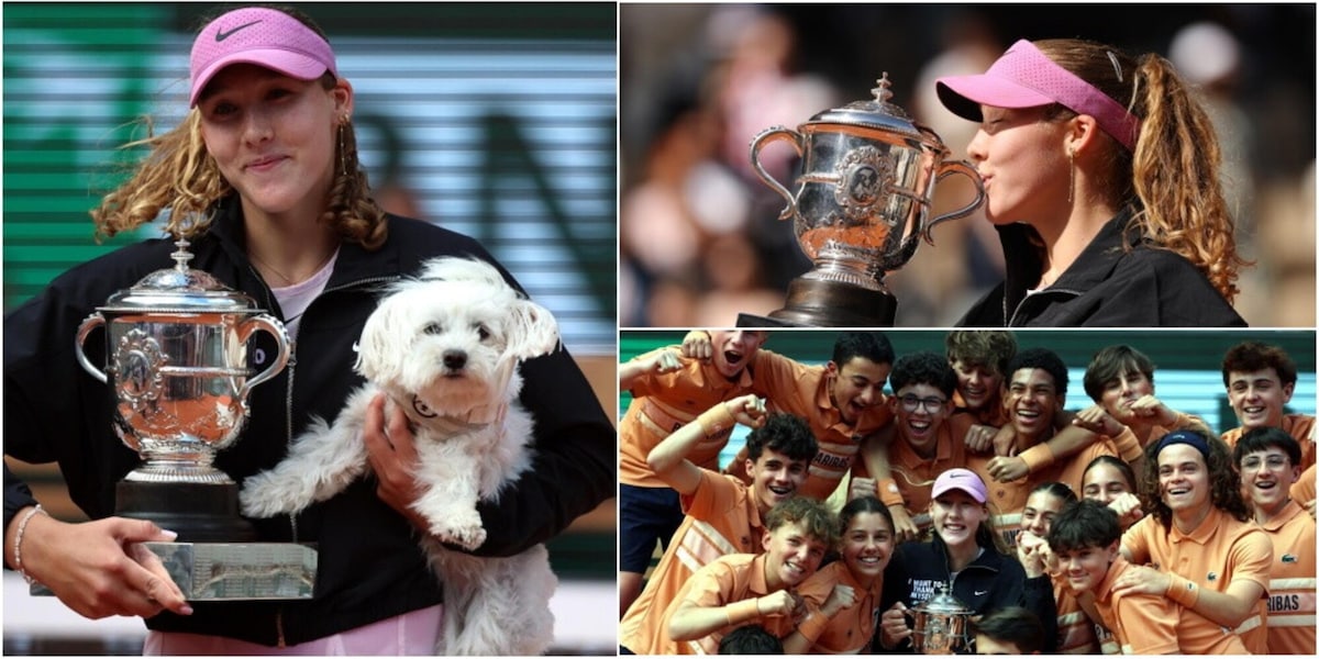 Andreeva fa festa al Roland Garros: la regina di Parigi posa con il trofeo insieme al cane e ai raccattapalle