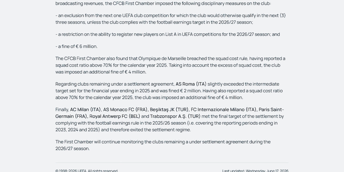 Roma multata dalla Uefa, superati due parametri del Settlement Agreement