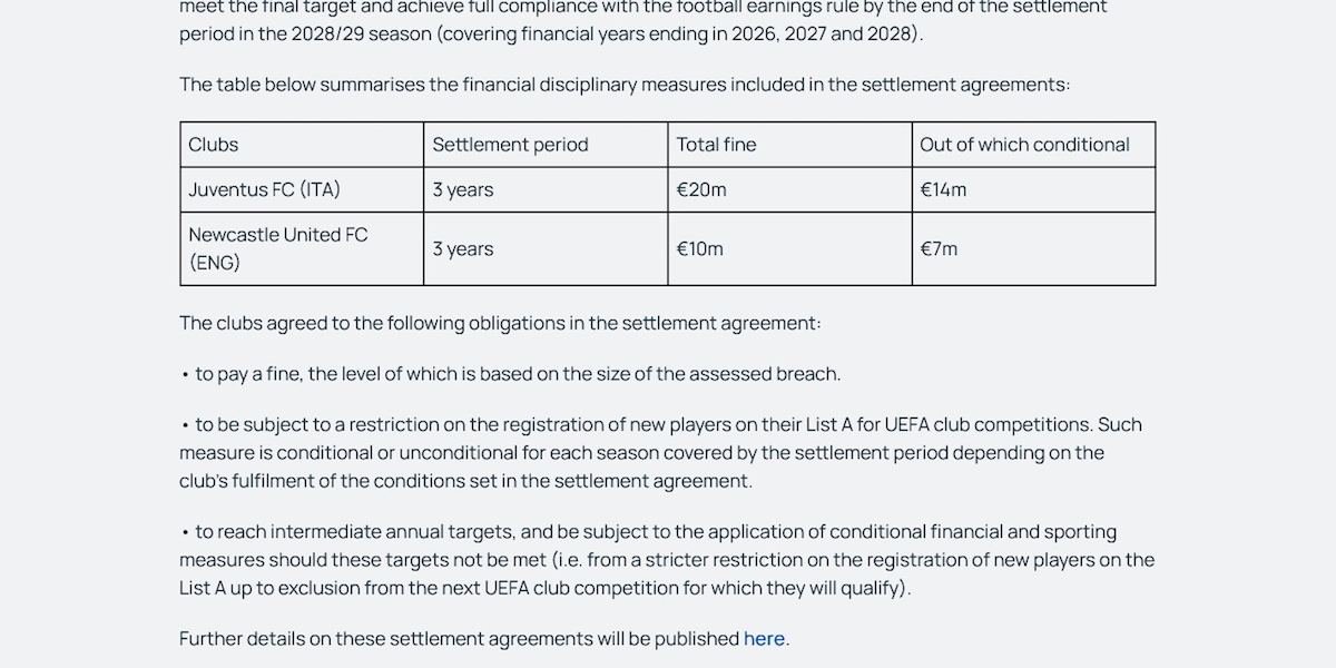 Juventus, sanzione dall'Uefa: fino a 20 milioni di multa e settlement agreement