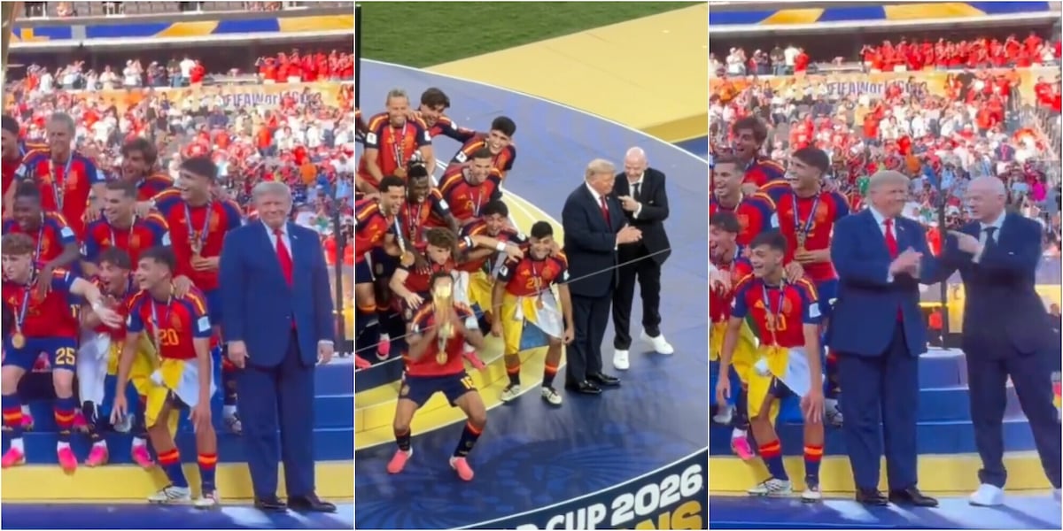 Trump non vuole scendere dal palco, la Spagna si indispettisce e Infantino prova a portarlo via