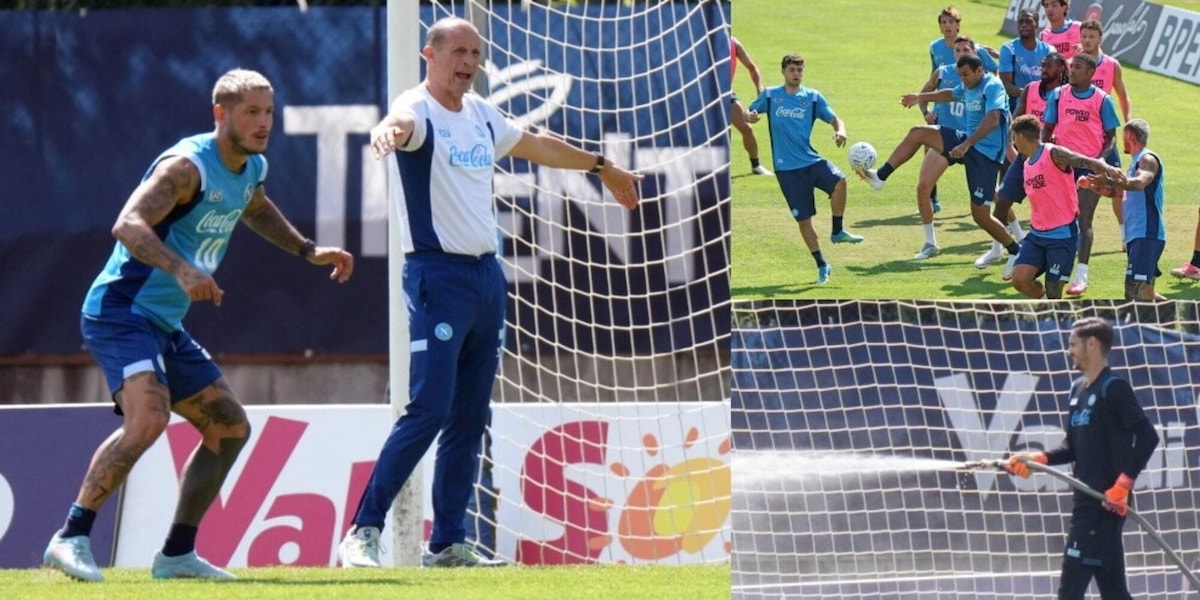 Napoli in campo: Allegri prova i piazzati e Meret innaffia