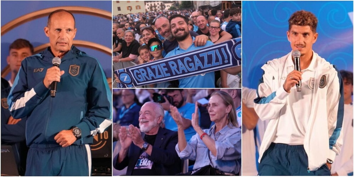 Napoli, bagno di folla a Dimaro per la presentazione della squadra: l'ovazione dei tifosi azzurri per Allegri