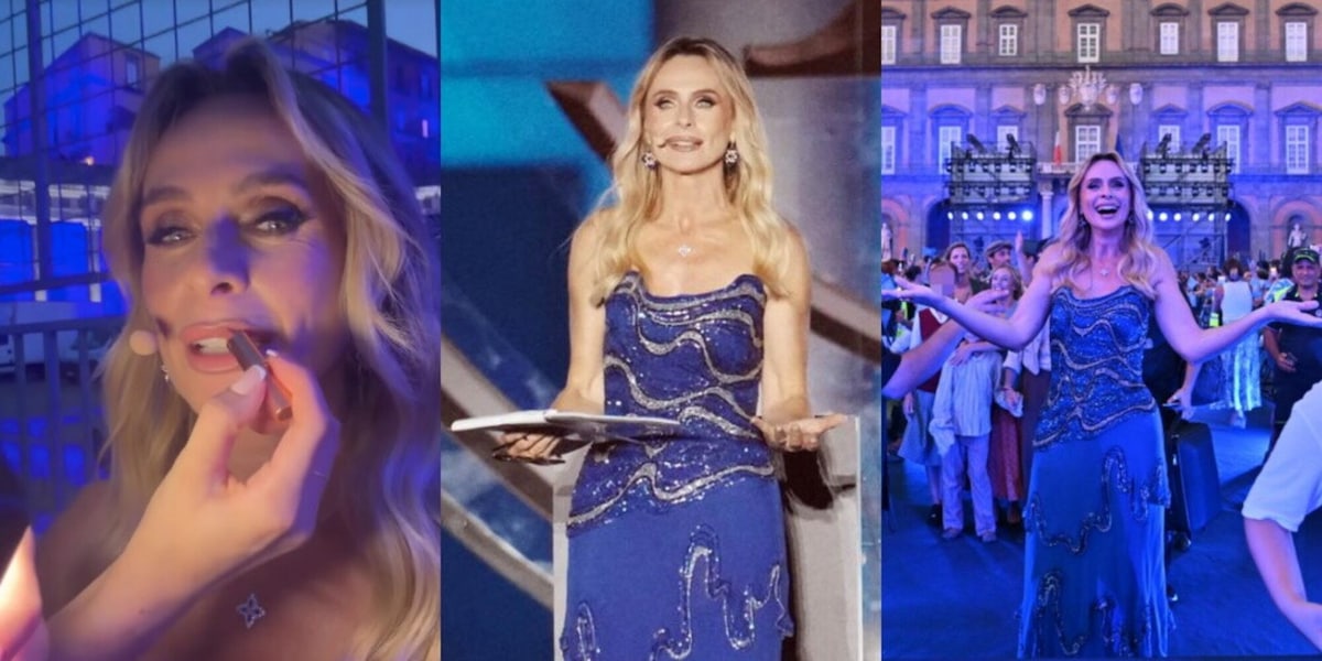 Serena Autieri è la splendida dea Partenope in azzurro per Napoli 100