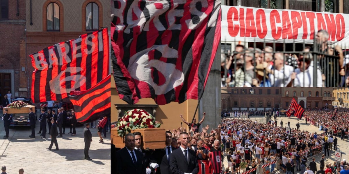 L'ultimo abbraccio vicino alla bara, i cori e gli striscioni: i tifosi del Milan salutano così Baresi