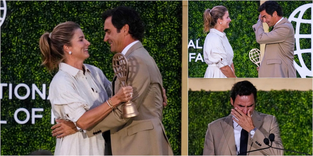 Tennis, Federer nella Hall of Fame: le lacrime e l'abbraccio commovente con la moglie Mirka
