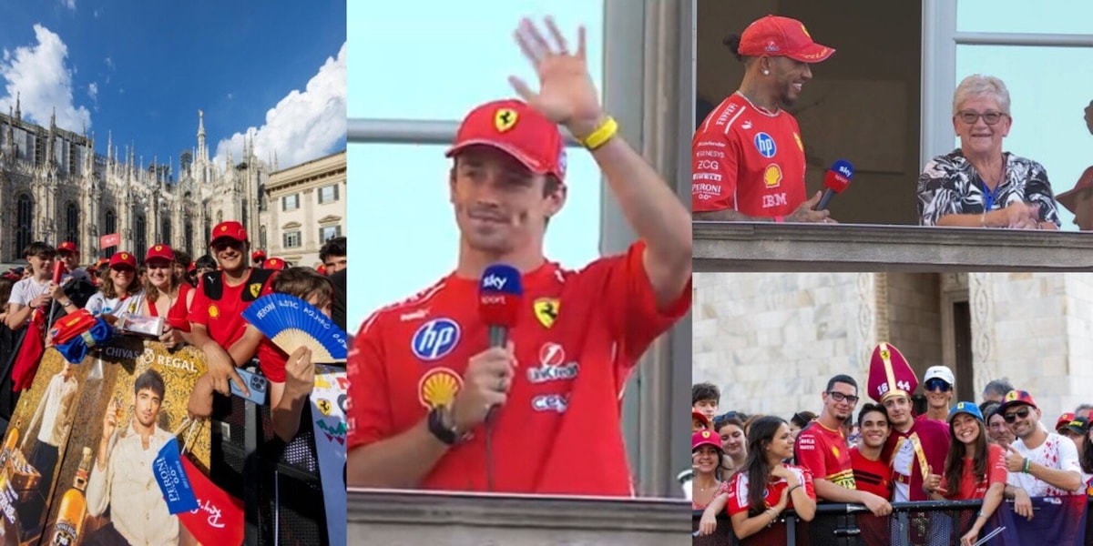 Spettacolo Ferrari a Milano prima del Gp a Monza: tifosi impazziti per Hamilton con mamma Carmen e Leclerc
