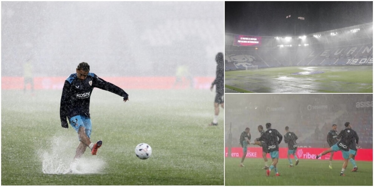 Pioggia torrenziale e vento forte a Valencia: riscaldamento tra le pozze poi lo stop a Levante-Athletic Bilbao