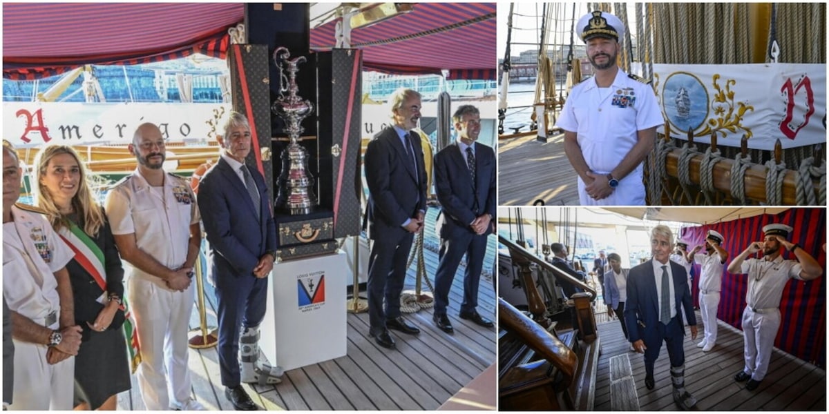 Lo spettacolo dell'America's Cup a Napoli: il trofeo sull'Amerigo Vespucci