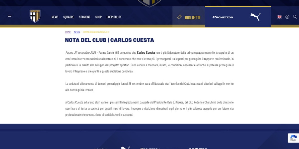 Clamoroso Parma: Cuesta non è più l'allenatore dei gialloblù