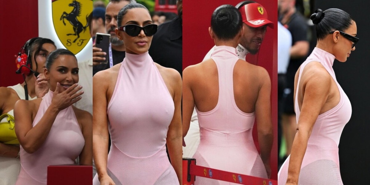 Kim Kardashian fa il tifo per il suo Hamilton a Singapore: il look rosa confetto incanta tutta la F1 FOTO