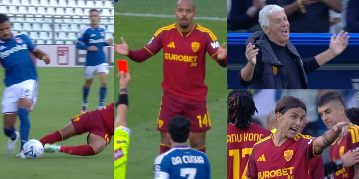 Rosso diretto a Malen per un duro fallo su Kaiki: l'attaccante della Roma non ci crede. La fotosequenza