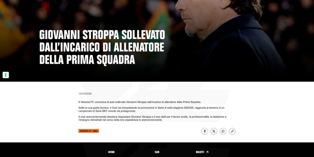 Ufficiale: il Venezia esonera Giovanni Stroppa