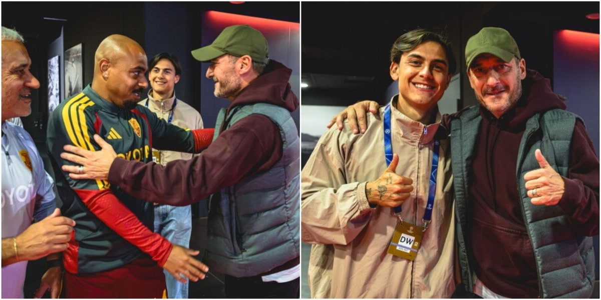 Sorpresa Totti: prima di Roma-Slovan spunta nel tunnel, carica la squadra e abbraccia Malen. Poi con Dybala... FOTO