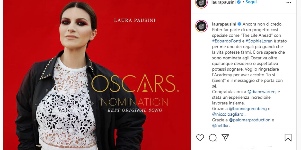 Laura Pausini: arriva la nomination agli Oscar 2021 Laura Pausini: arriva la nomination agli Oscar 2021