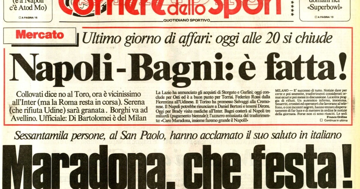 Il Corriere dello Sport in Campania con una prima pagina formato maxi da collezione per ricordare l’arrivo di Maradona Il Corriere dello Sport in Campania con una prima pagina formato maxi da collezione per ricordare l’arrivo di Maradona