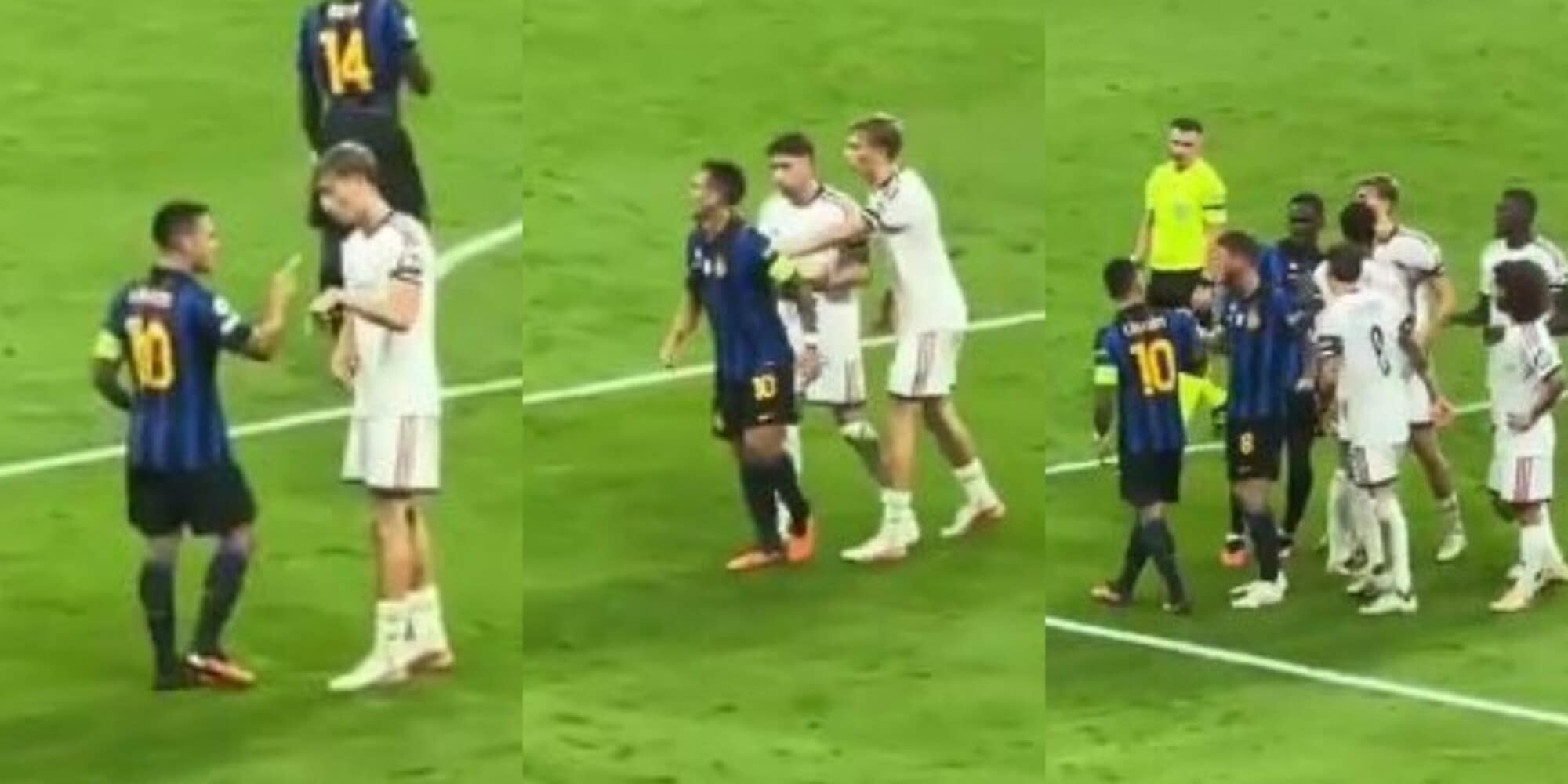 Il dito puntato in faccia, poi lo spintone alle spalle: lo scontro in campo tra Lautaro e Huijsen da un'altra angolazione
