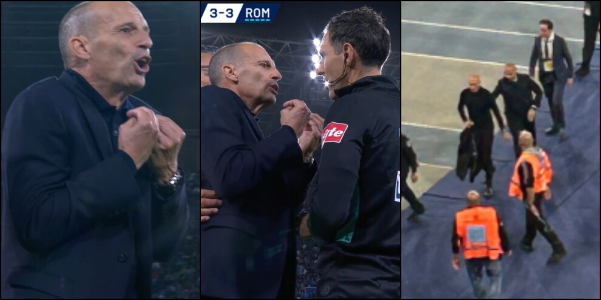 Allegri, der nach dem Unentschieden der Roma vom Platz gestellt wurde, dreht durch: Er schreit den Assistenten an, zieht seine Jacke aus und verlässt wütend das Spielfeld