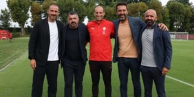 Gattuso in visita a Milanello con Buffon e Bonucci: l'incontro con il Milan di Allegri