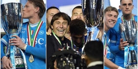 La grande festa dei giocatori del Napoli con la Supercoppa tra le mani: Di Lorenzo e Conte i più scatenati